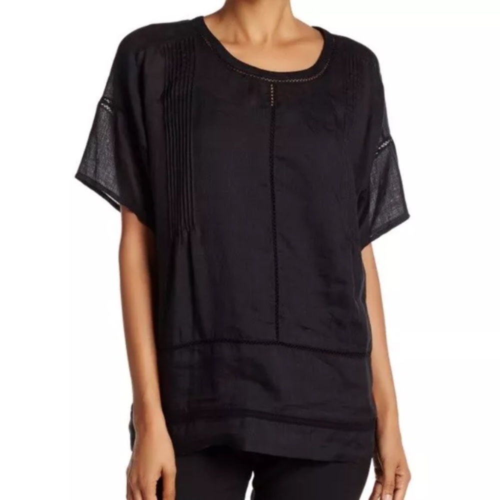 Vince black semi sheer ramie oversized pin tuck eyelet inset top. Size Medium